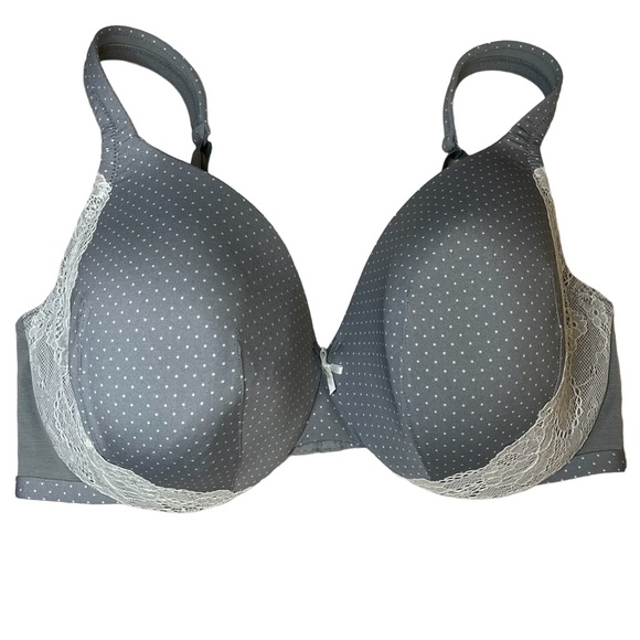 Cacique Lane Bryant 40 DD Bra Gray White Underwire Polka Dot Lace - Picture 1 of 4